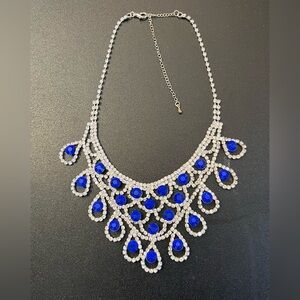 Silver Tone Teardrop Blue And Clear Rhinestone Collar Statement Necklace
